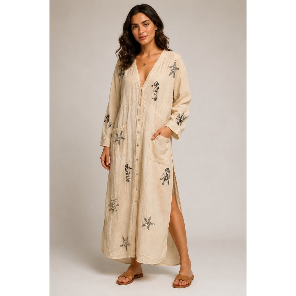 Anthropologie Nautical Embroidered Maxi Dress Cream Seahorse Starfish Small